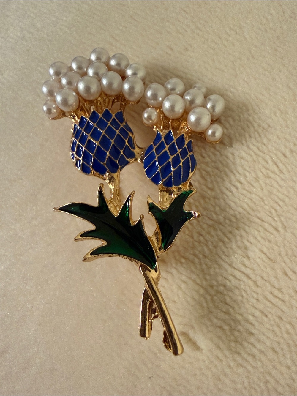 Gold-Tone Blue & Green Thistle Brooch with Pearl Tops